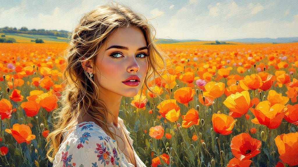 Woman in Poppy Field: Impressionistic Painting