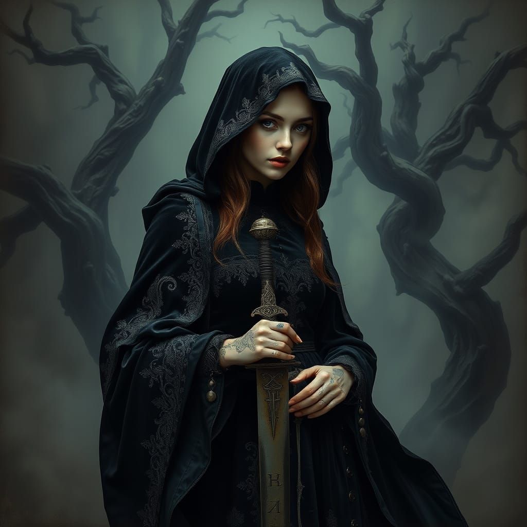 Gothic Maiden in Dark Fantasy Atmosphere, Oil Painting Style