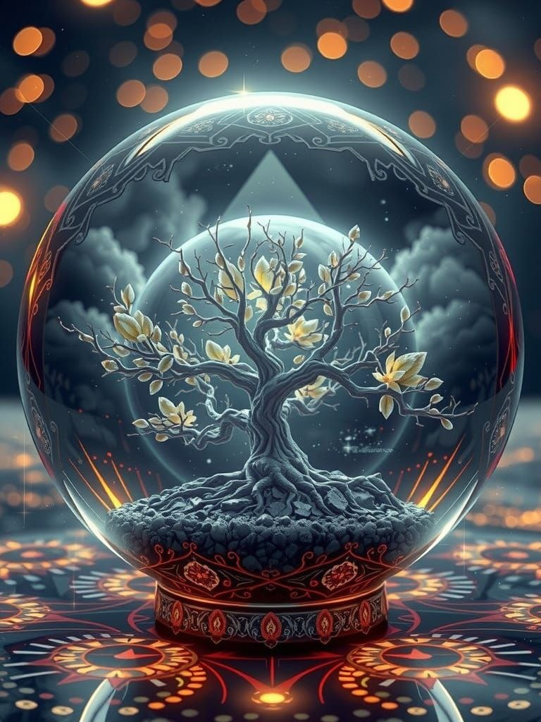 A beautifully drawn crystal ball, illuminated from within, contains a vibrant tree of life in exquisite detail, with bra...