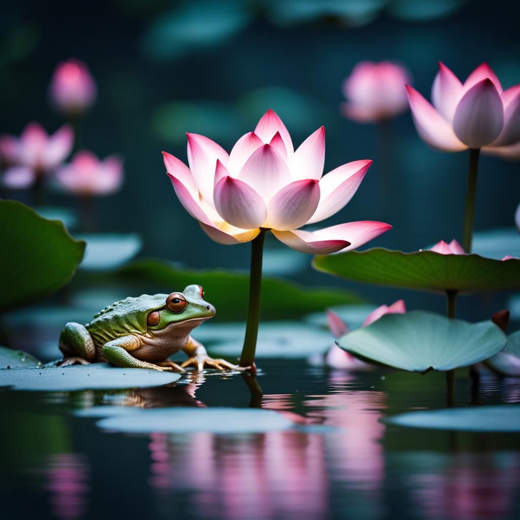 Moonlit Lotus Pond with Frogs in Bloom