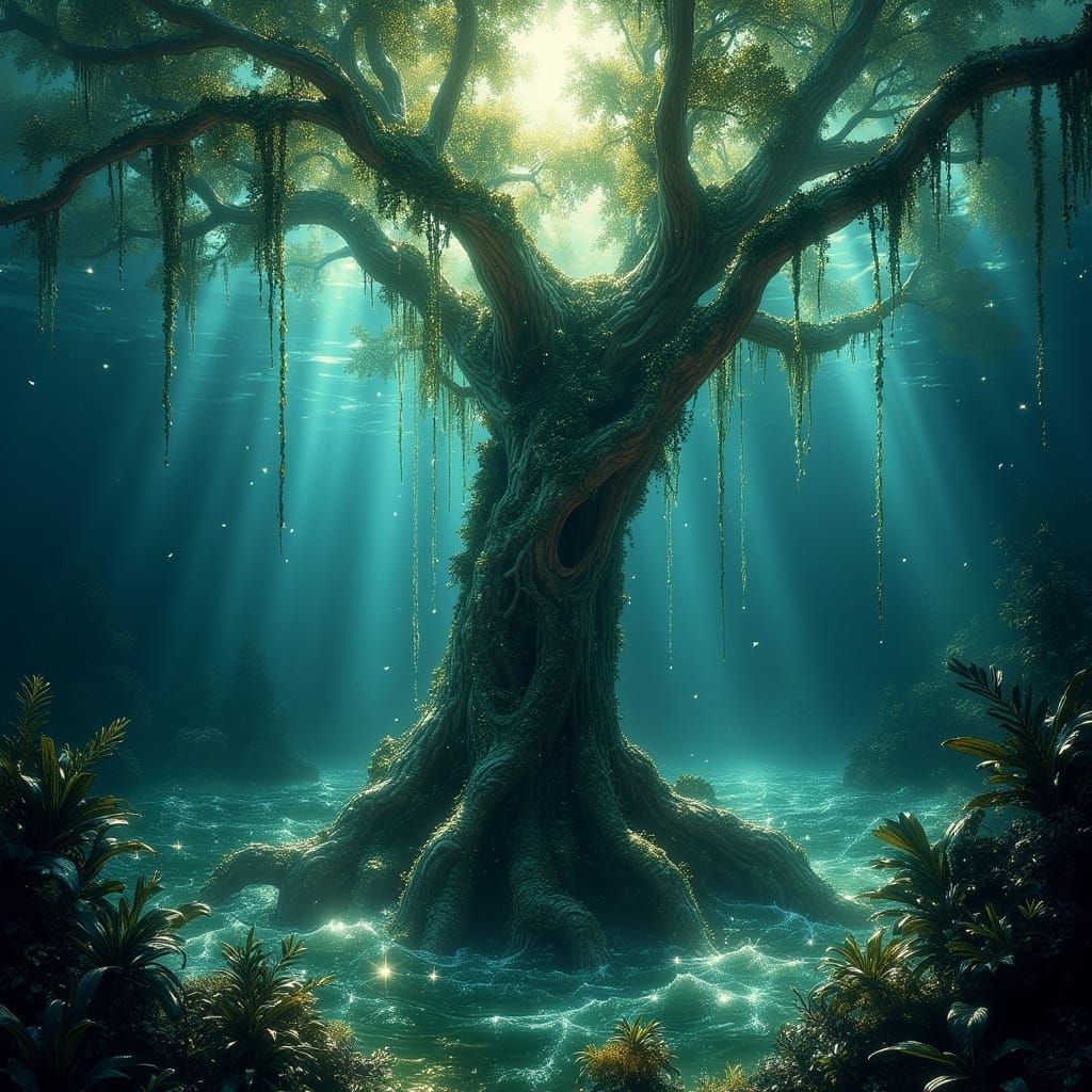 Upside Down Underwater Tree With Surreal Light And Shadow