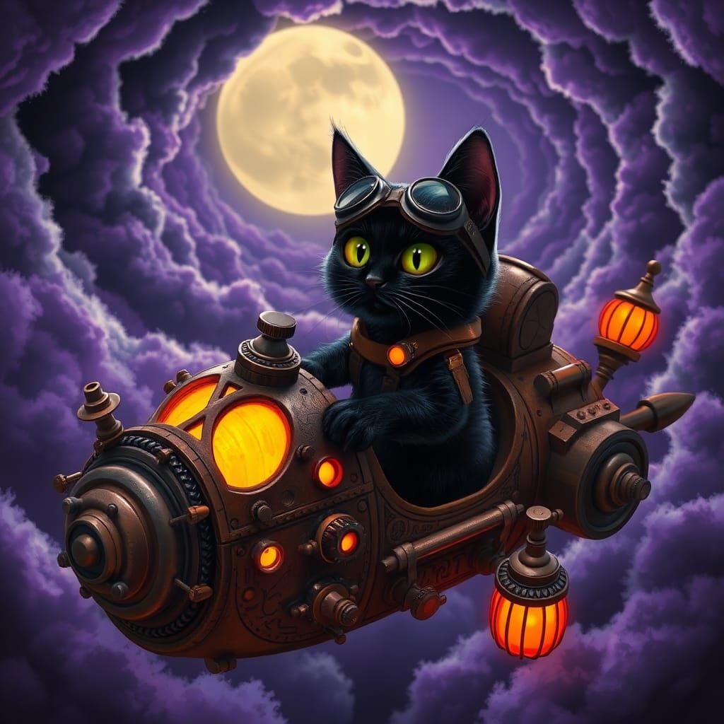Time traveling black cat  journeying on Halloween Night In a mechanical  Jack O Lantern  Time Machine