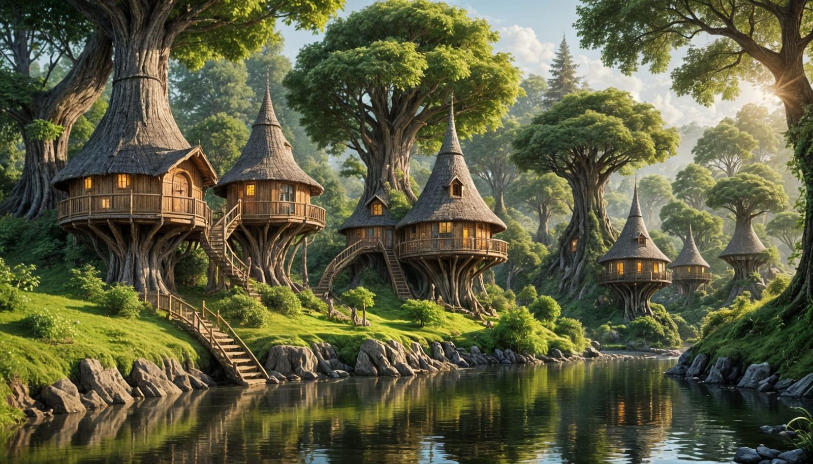Elven Treehouses Along a Riverbank