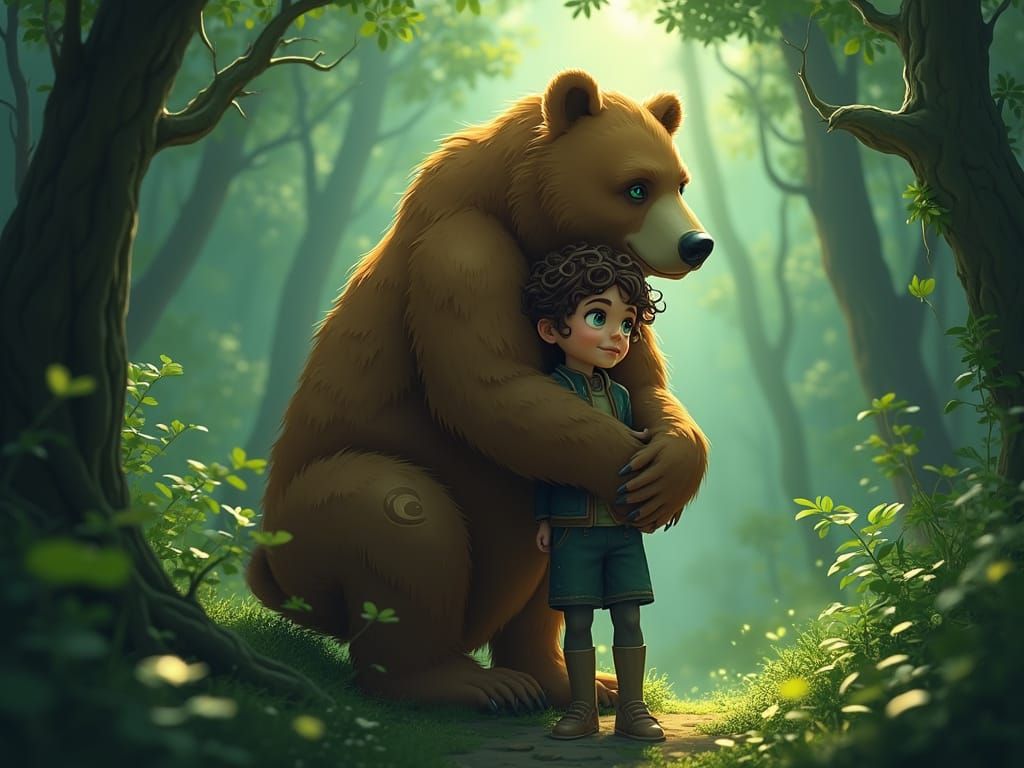 Majestic Bear Embracing Young Halfling in Enchanted Forest