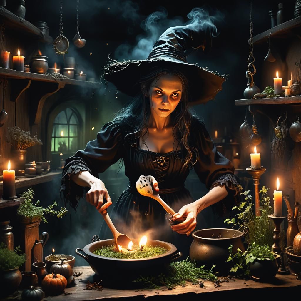 Mystical Witch Stirring Cauldron, Digital Art