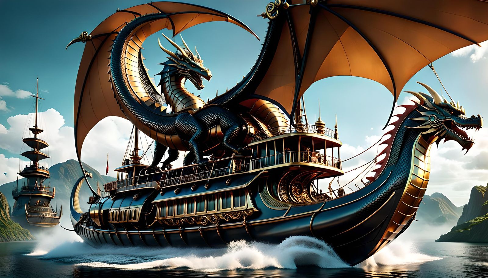 Fantastical Steampunk Dragon Boat Sailing Yacht