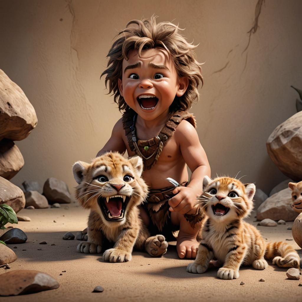 Caveman Toddler Plays with Sabertooth Kitten: 3D Digital Art