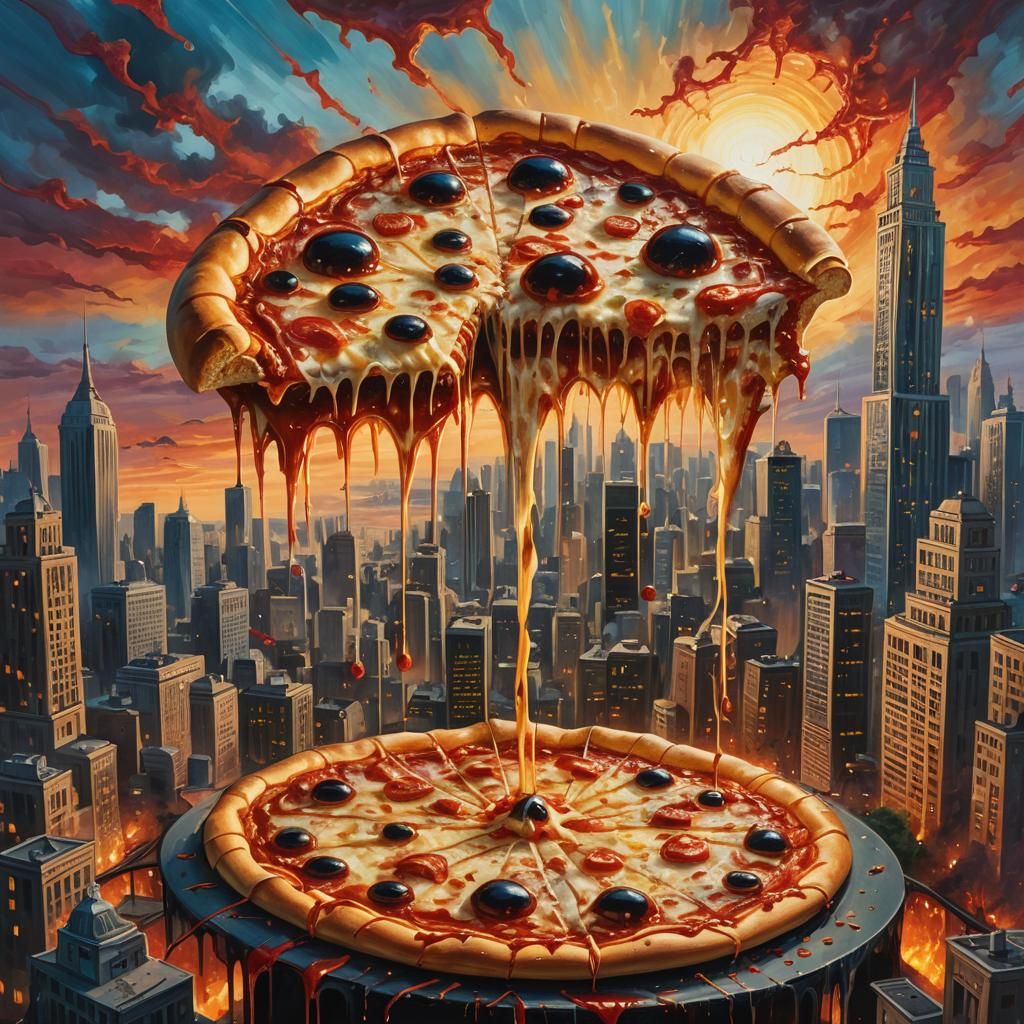 Surreal Pizza Monster Devouring City in Bold Style