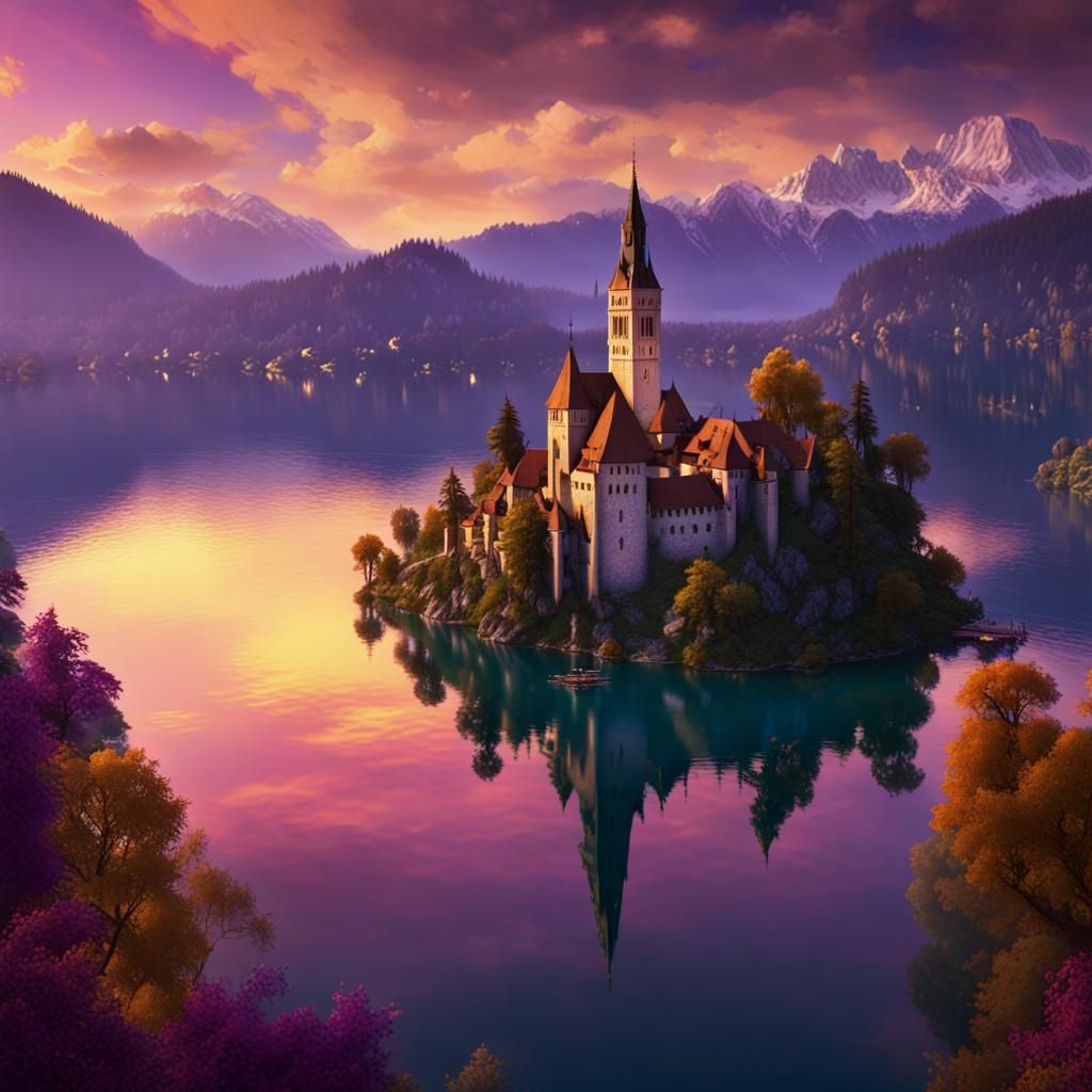 Lake Bled Dark Fantasy Art in Purple and Yellow