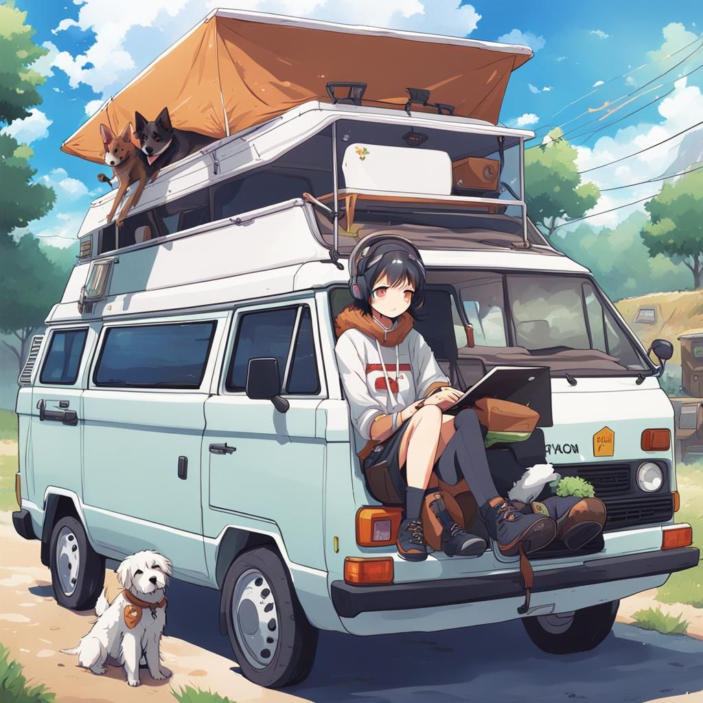 Anime Gamer Girl and Dog in VW Van