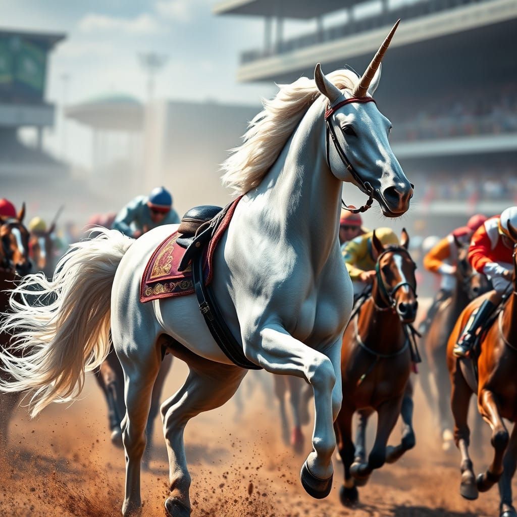 Hyperrealistic Unicorn in Thrilling Horse Racing Scene