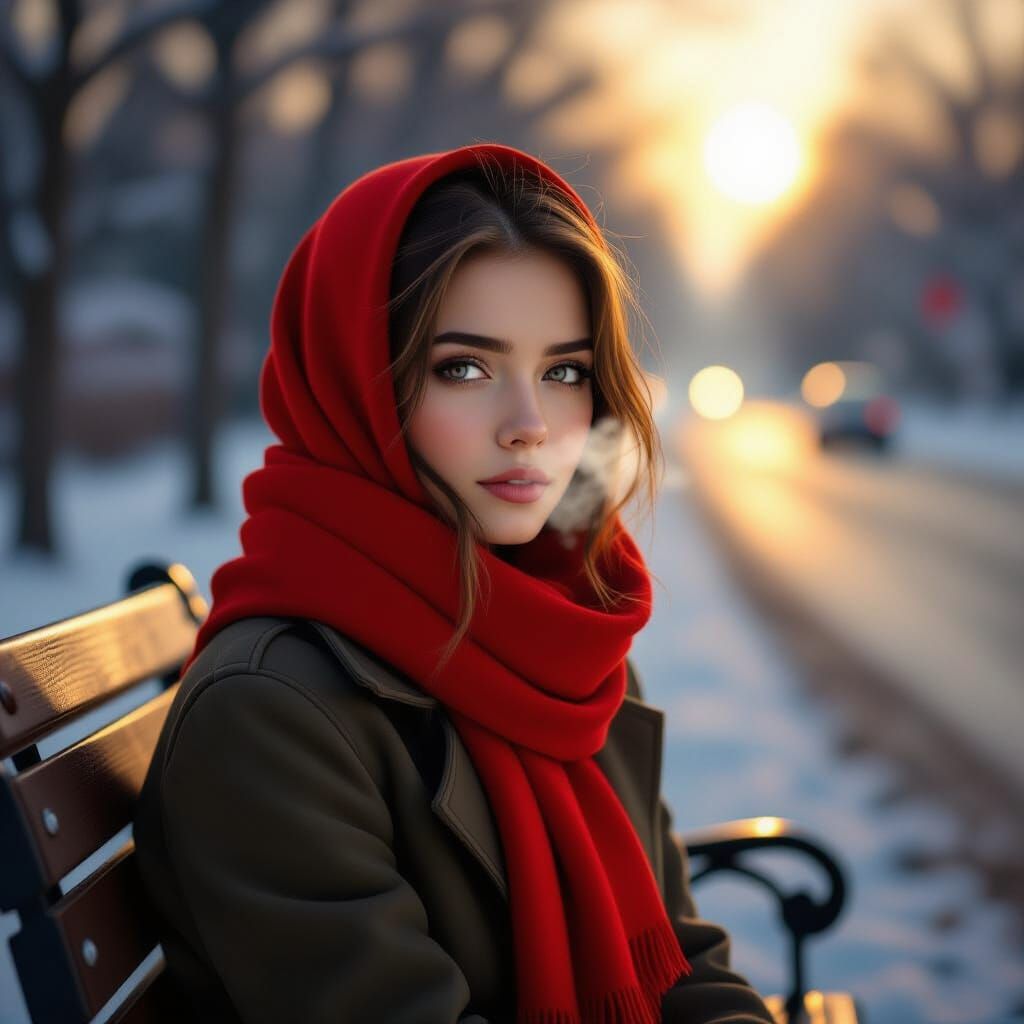 Woman on Bench in Golden Light, Ready for Journey
