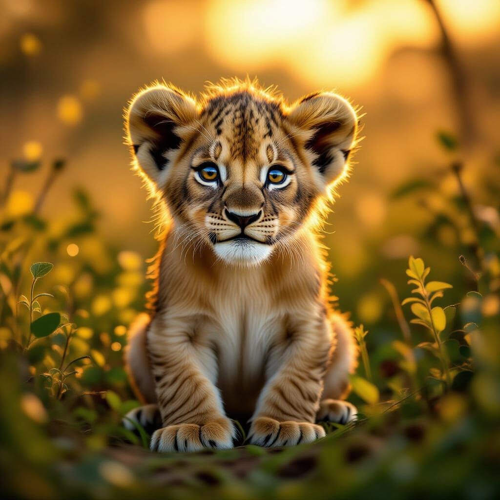 Adorable Lion Cub in a Fantastical Savannah