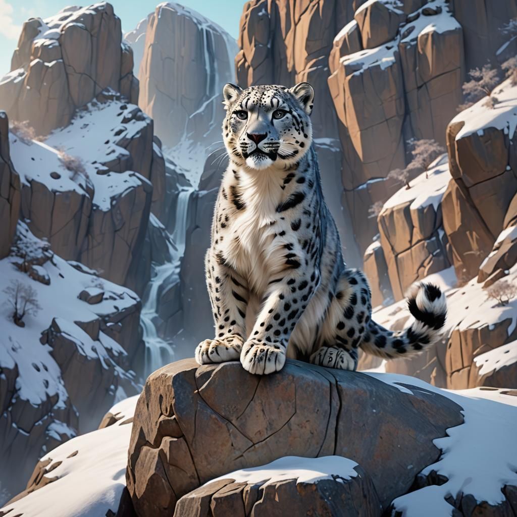 Snow Leopard on Snowy Cliff: Pixar-Style 3D Art