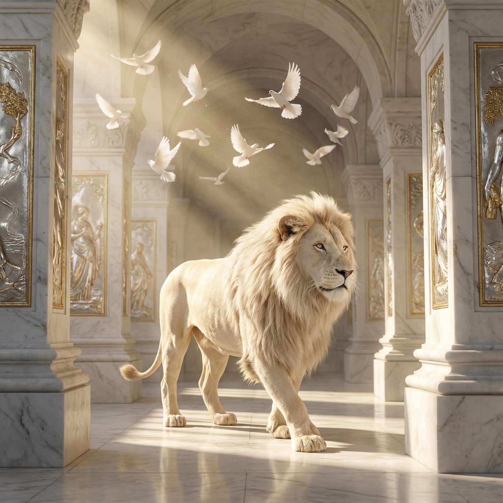 Majestic White Lion in Ancient Temple with Doves