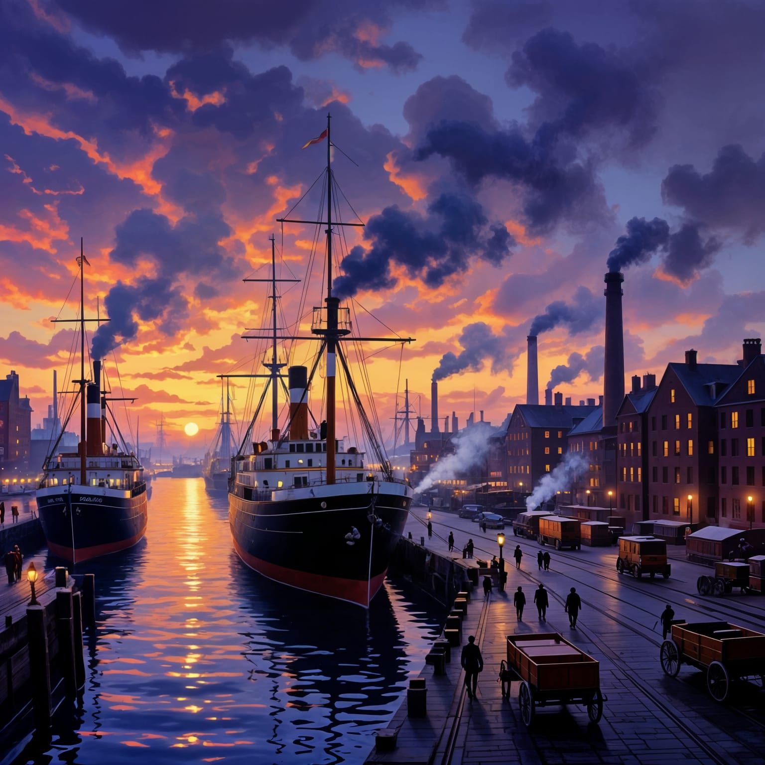 Victorian Harbor Industrial Realism Painting