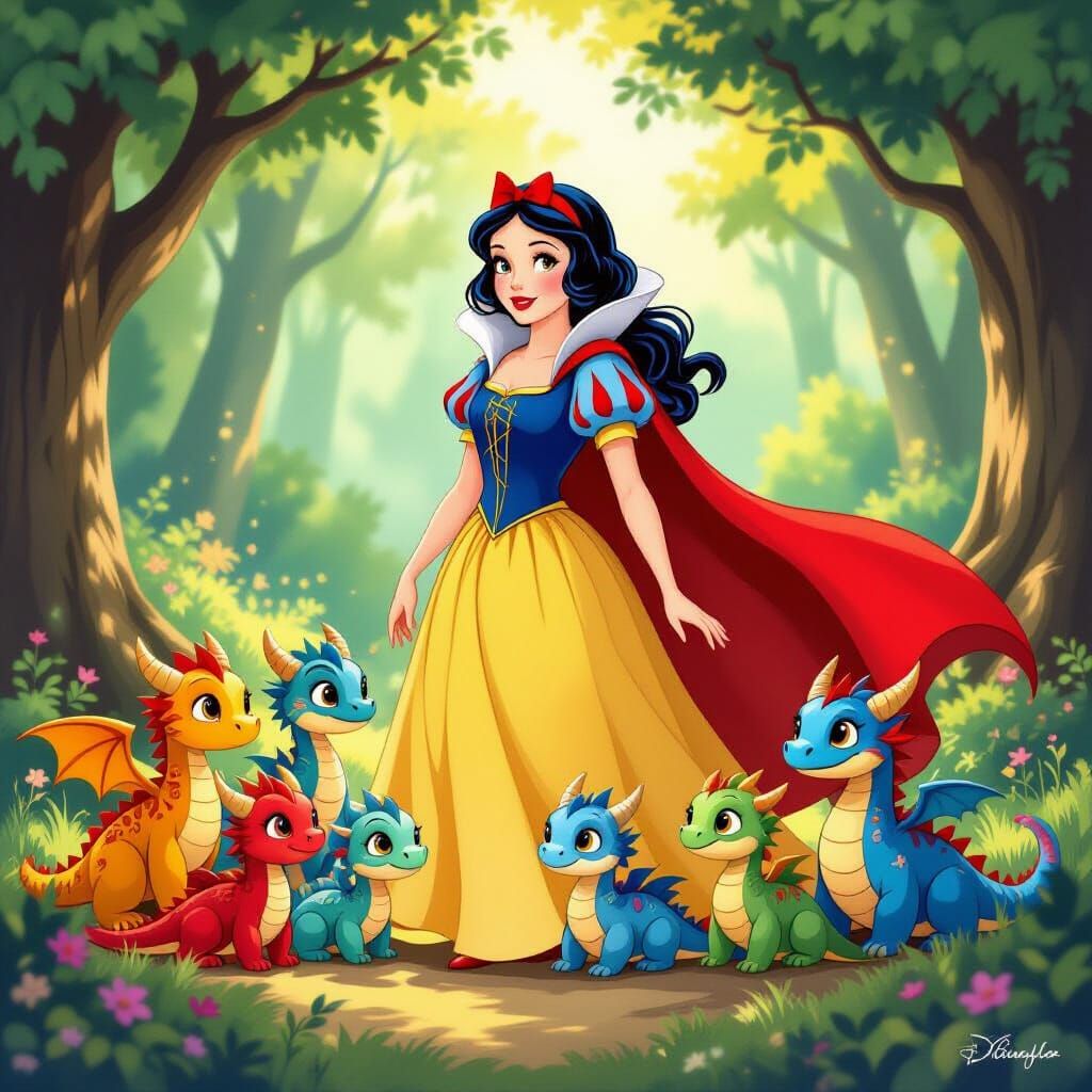 Snow White Princess Guards Seven Friendly Dragons