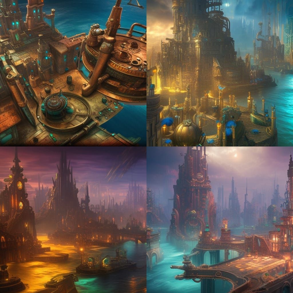 Steampunk Atlantis City in Detailed Matte Painting