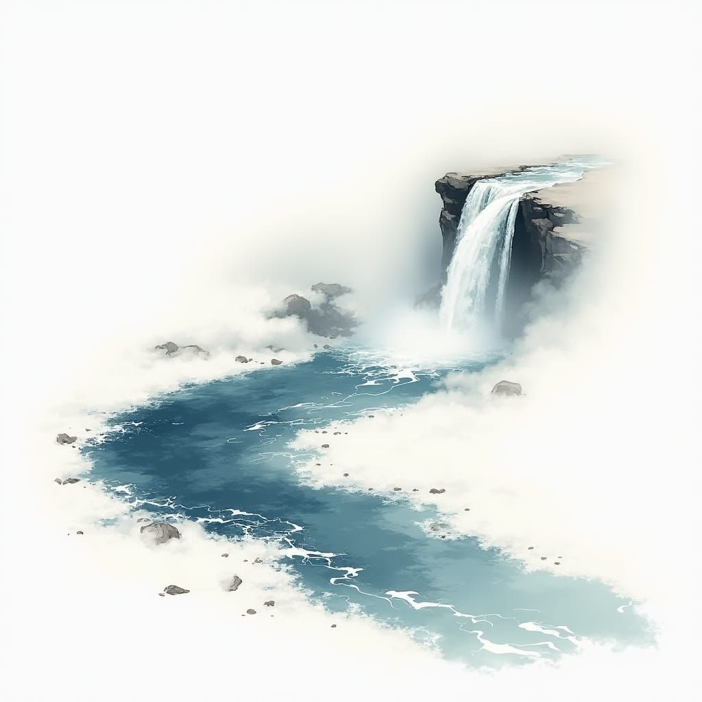 Serene Waterfalls in Traditional Japanese Sumi-e Style