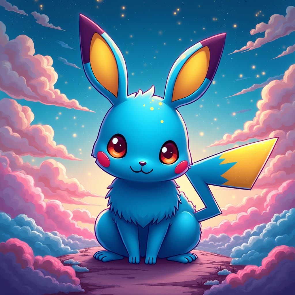 Electric Jackalope with Pikachu Features in Dreamy Landscape