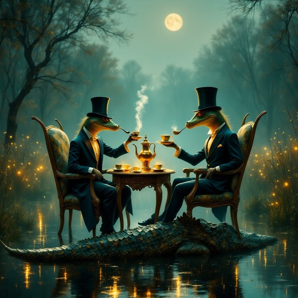 Victorian Grasshoppers' Night Tea on a Crocodile