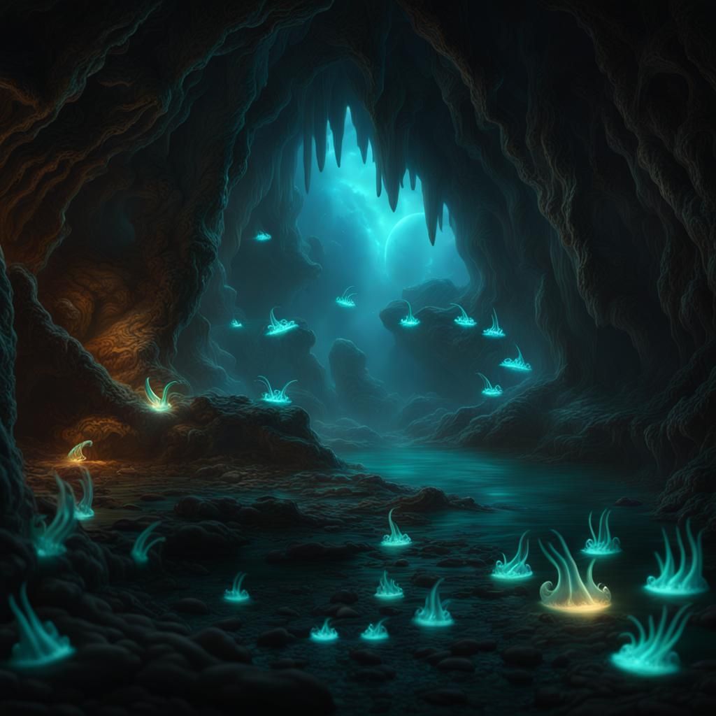 Bioluminescent Slugs in Magical Cave: Digital Matte Painting