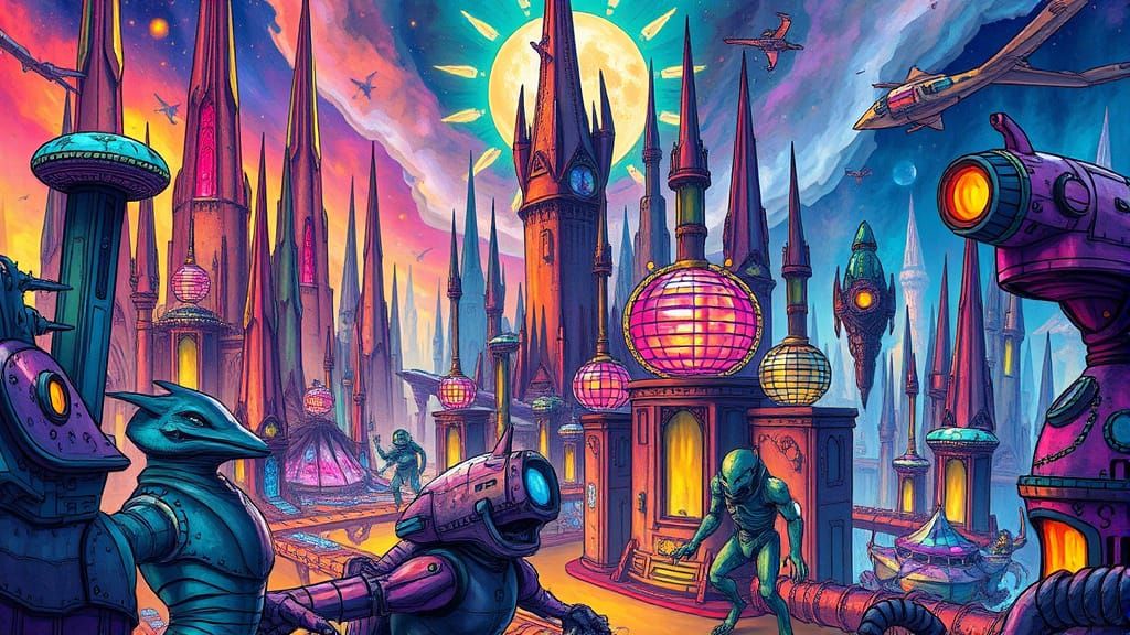 Surreal Futuristic Metropolis in Vibrant, Dreamlike Style