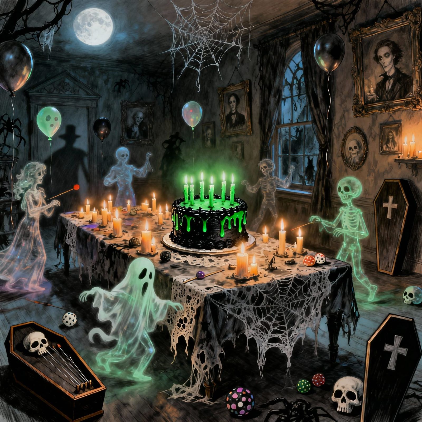 Haunted Birthday Party in Dimly Lit Gothic House