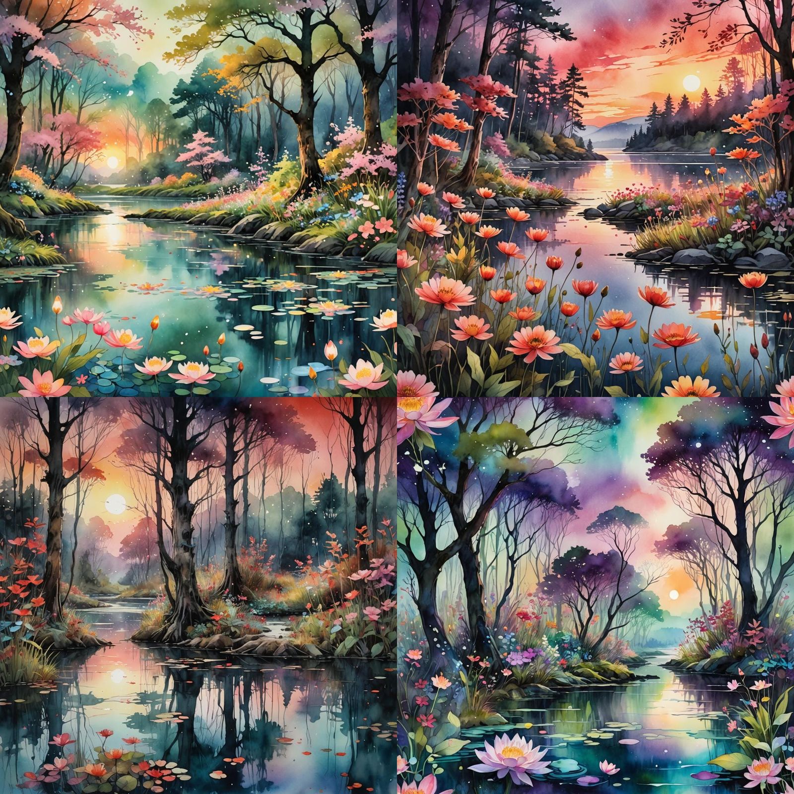 Ethereal Forest Lake at Sunset: Watercolor Art