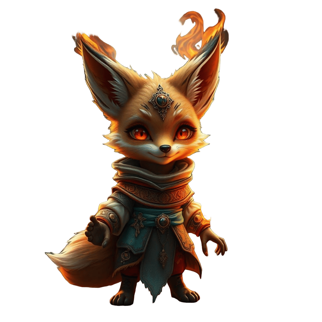 Whimsical Fox Pyromancer in Ancient Ruins