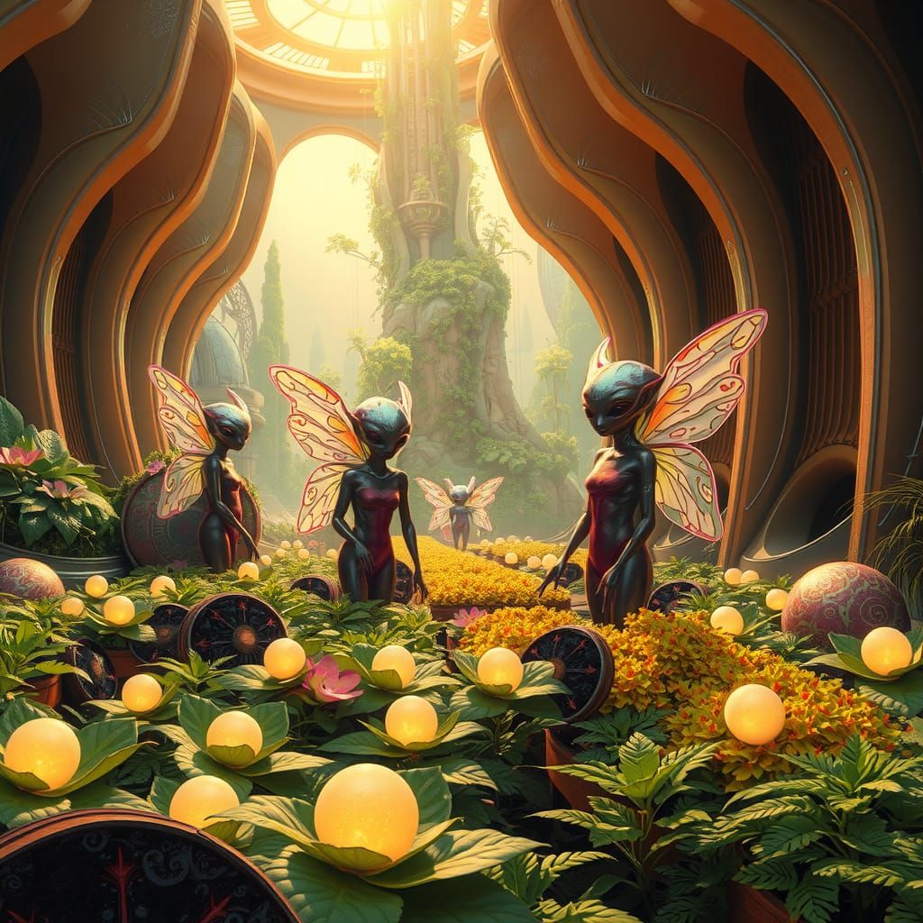 Alien Fairies Cultivating Gardens in Futuristic Utopia