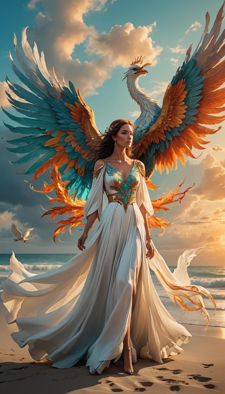 Woman and Phoenix on Beach, Fantasy Concept Art