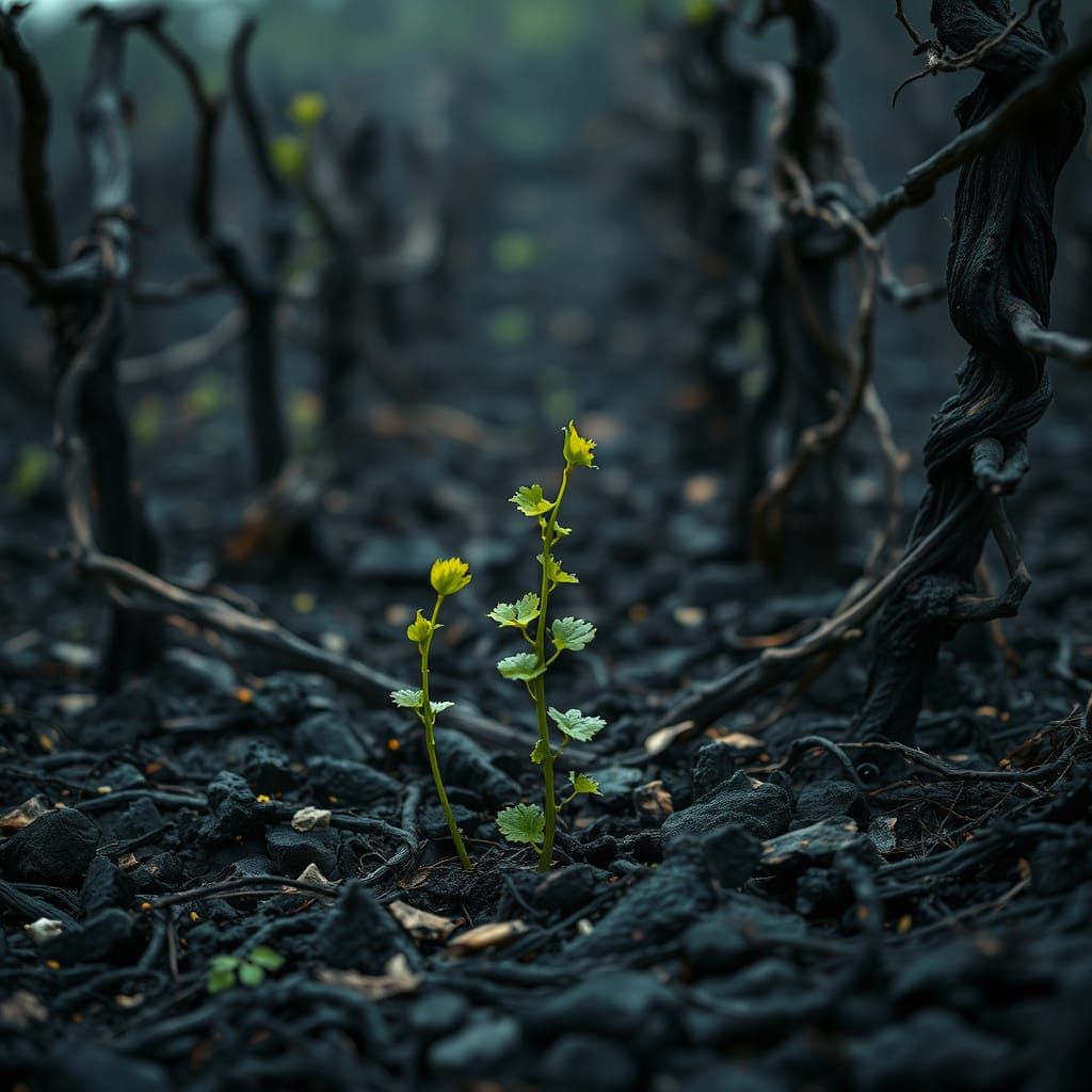 Hope Emerges Amidst Scorched Vineyard Landscape