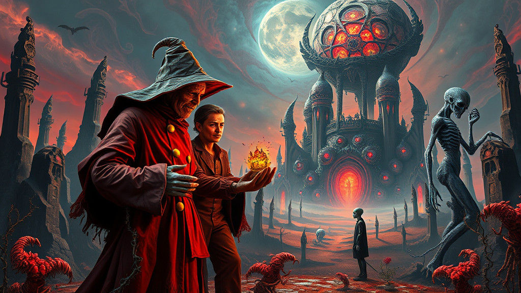 Surreal Ritual with Alien in Dreamlike Landscape