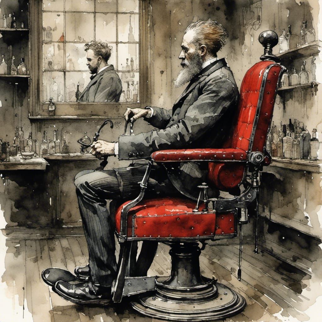 Gothic Barber in Alternate London, Ink and Watercolor