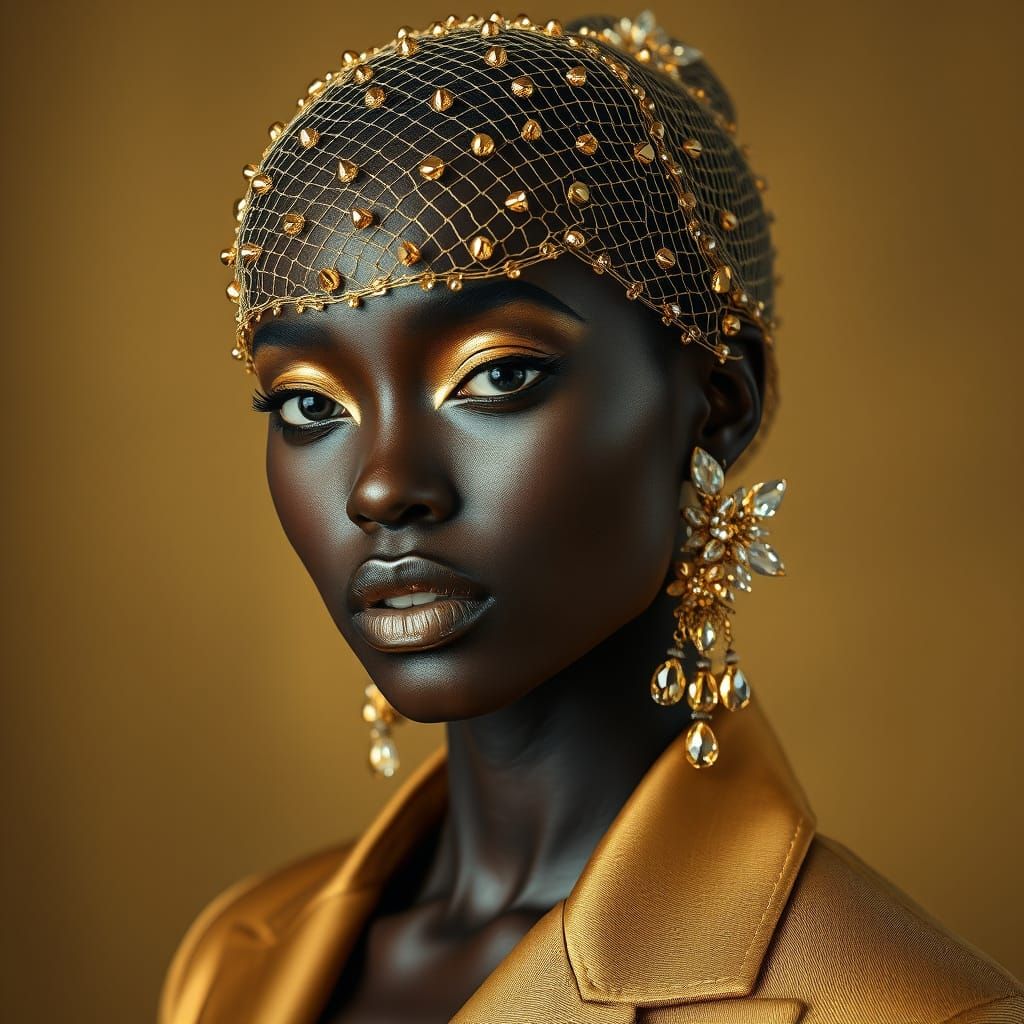 Golden Veil Portrait of a Dark-Skinned Model