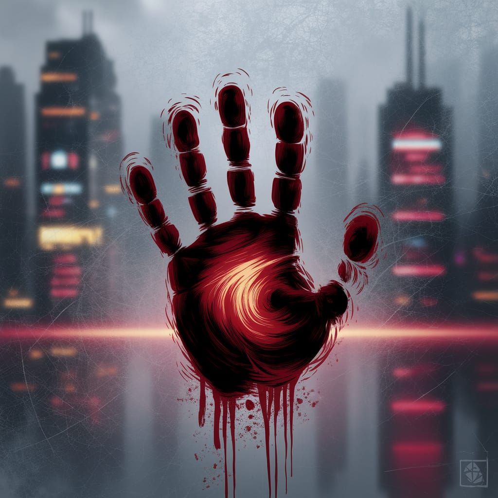 Crimson Handprint on Foggy Glass Comic Art