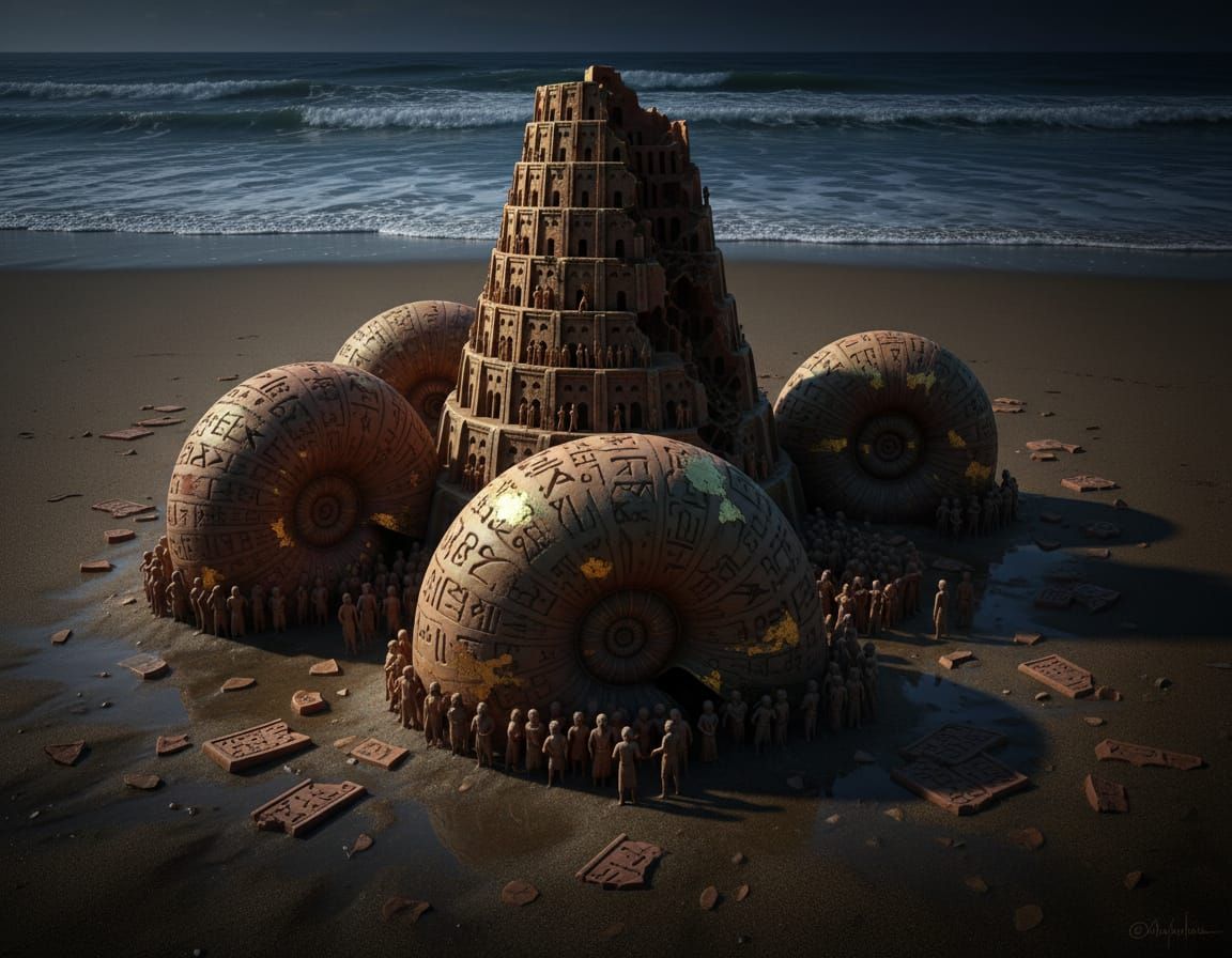 Assyrian Nautilus Shells on Sand: Babel's Tower Carvings