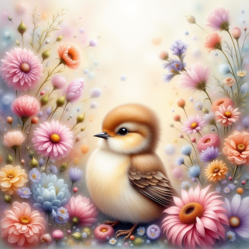Bird in Floral Bouquet, Dreamy Watercolor Illustration