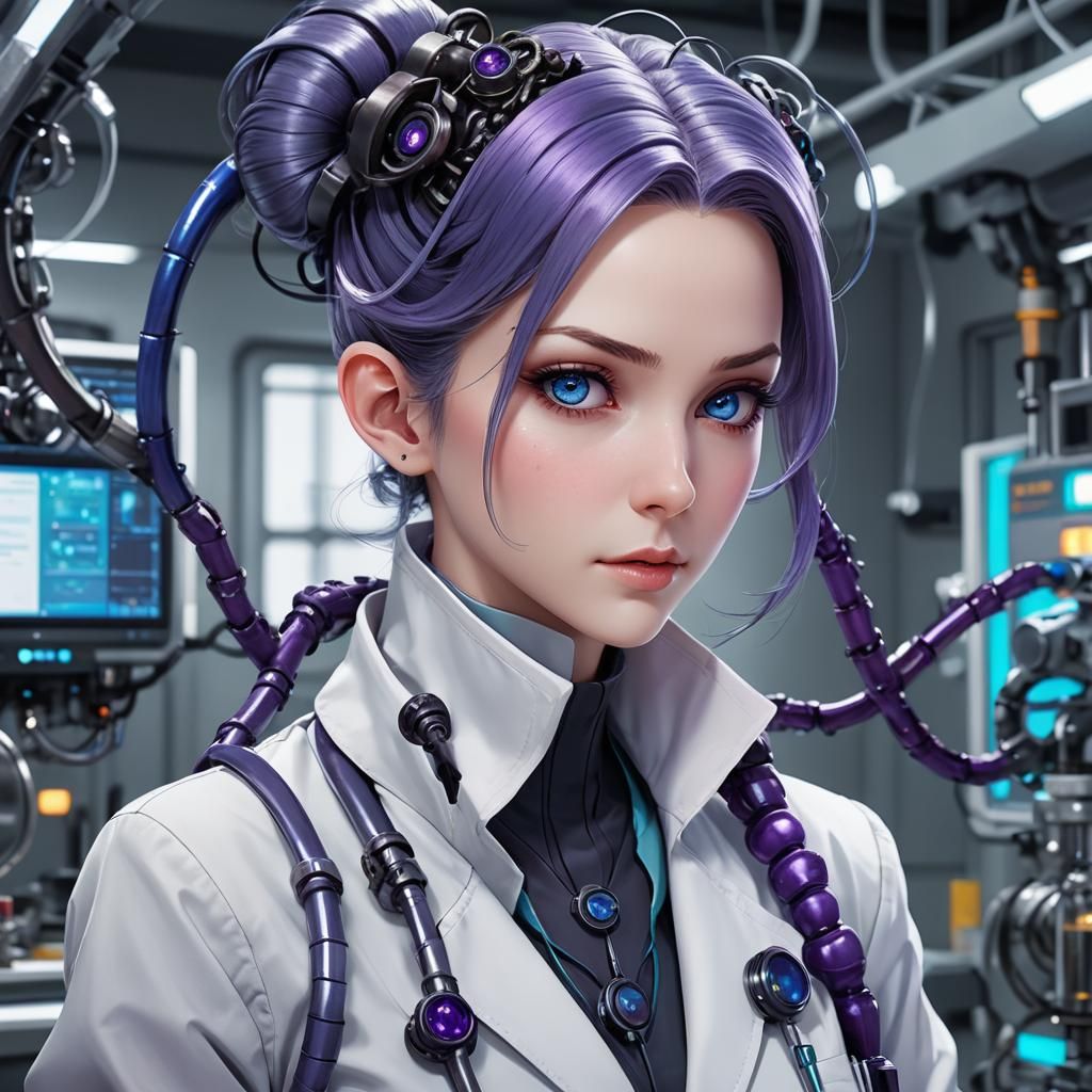 Anime Scientist in High-Tech Laboratory with Metallic Accent...