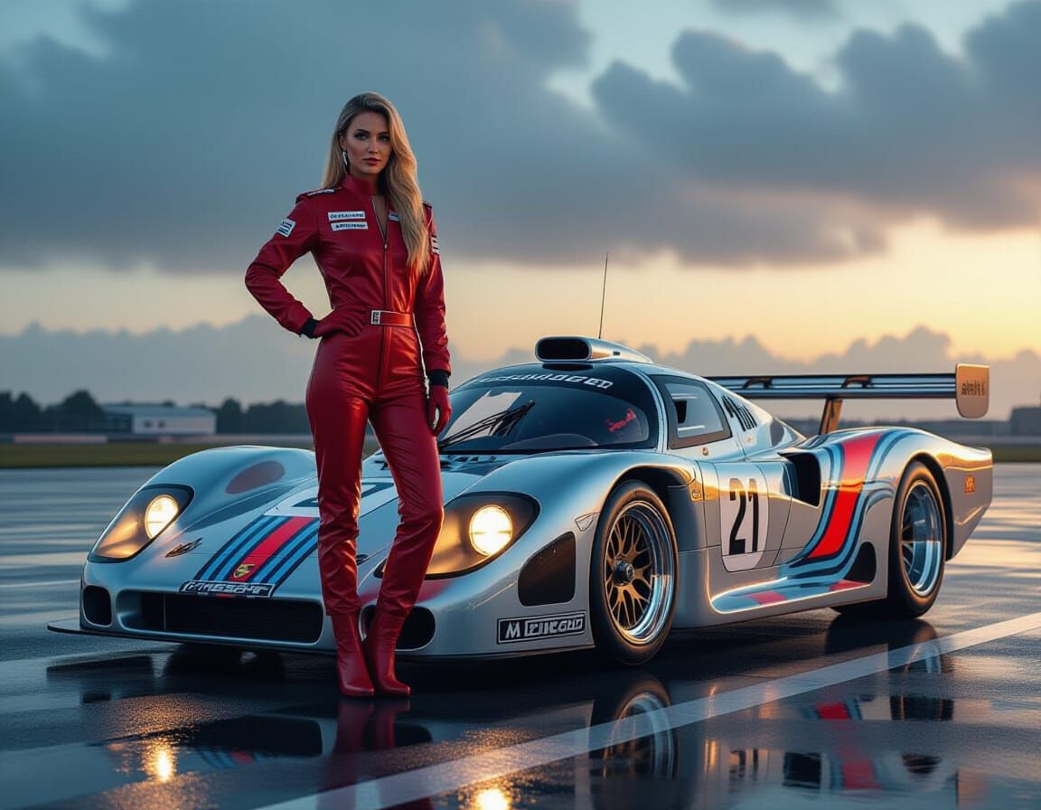 Female Pilot Beside Retro Porsche 962C Race Car