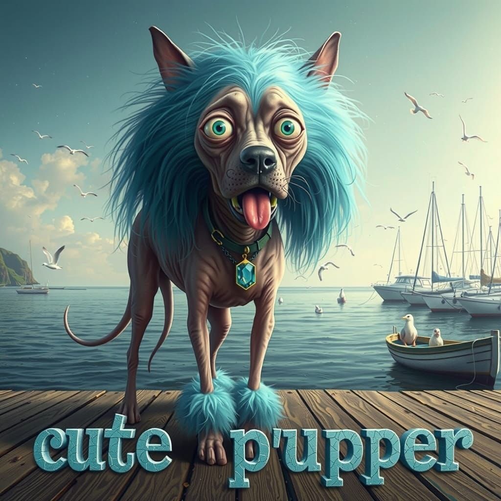 A scrawny, wrinkled, hairless beige dog with a long thin snout, one long yellowed tooth and tongue hanging out, oversize...