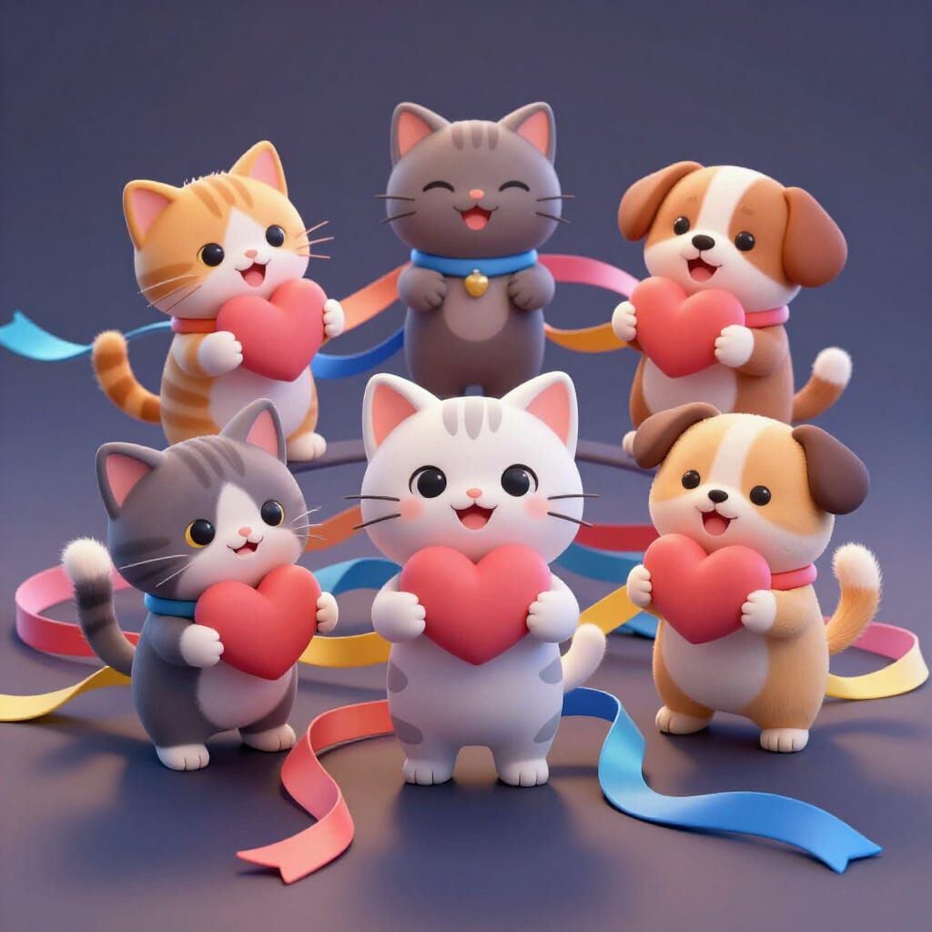 Cute Kittens and Puppies Play with Hearts and Ribbons