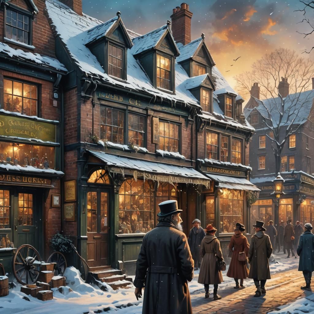 Old Curiosity Shop Winter Scene: Hyperrealistic Splash Art