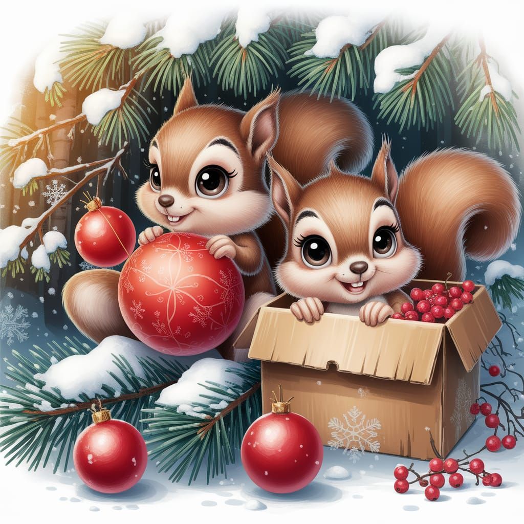 Cartoon Squirrels Celebrate Winter in Digital Art