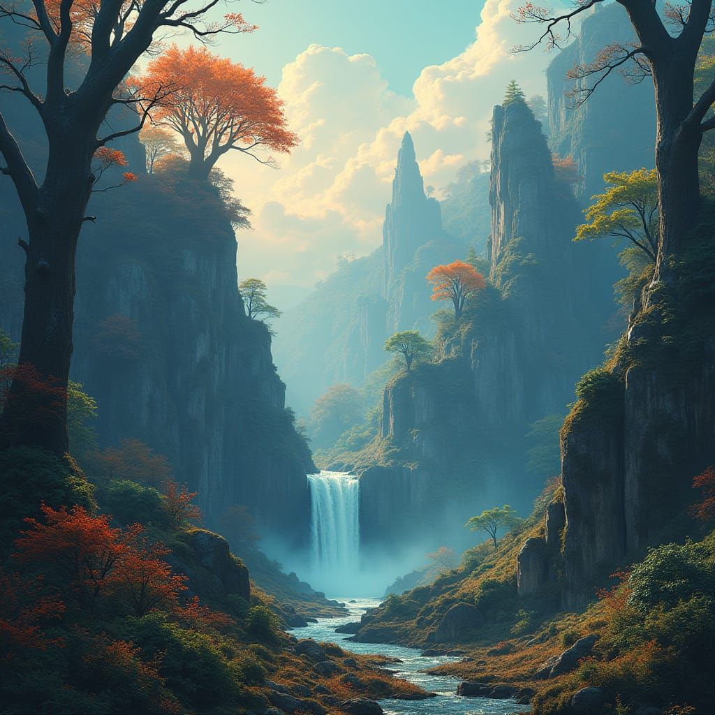 Mystical Realm of Ancient Trees and Waterfalls
