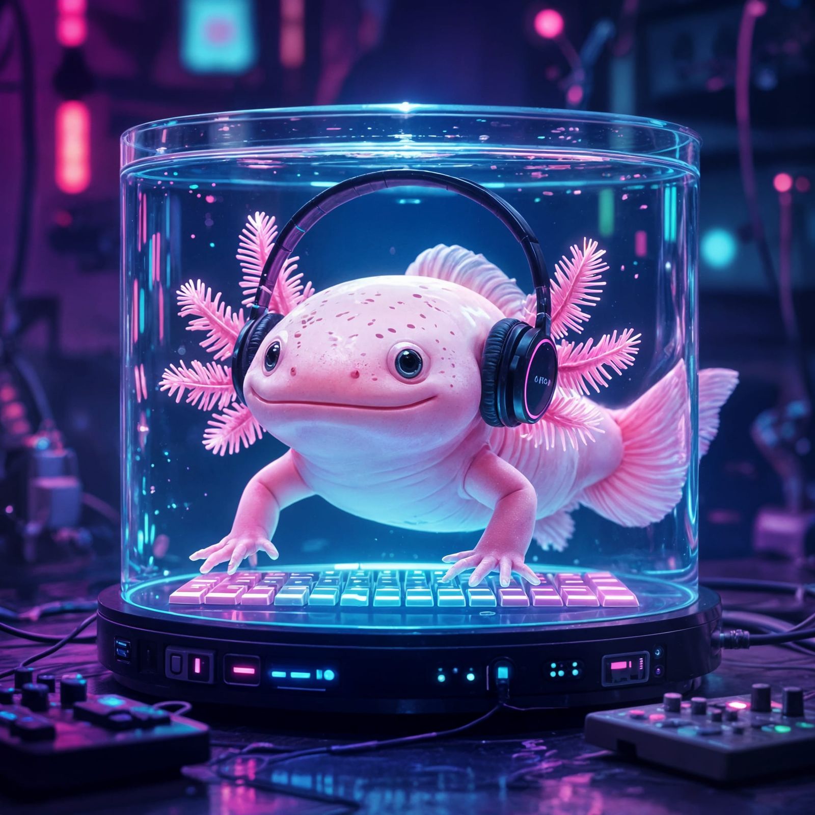 Synthwave Axolotl Musician in Vaporwave Style