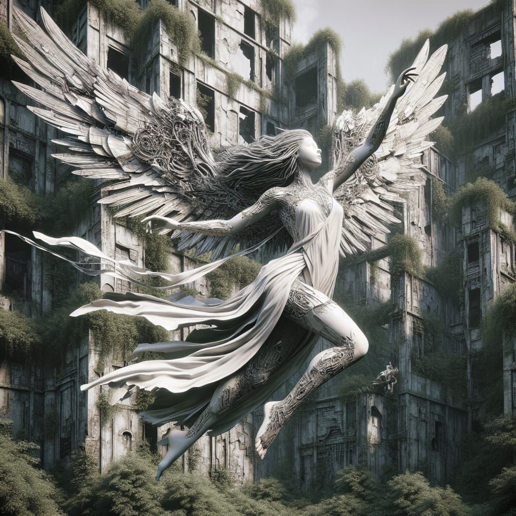 Steel-Winged Angel Ascends Over City Ruins