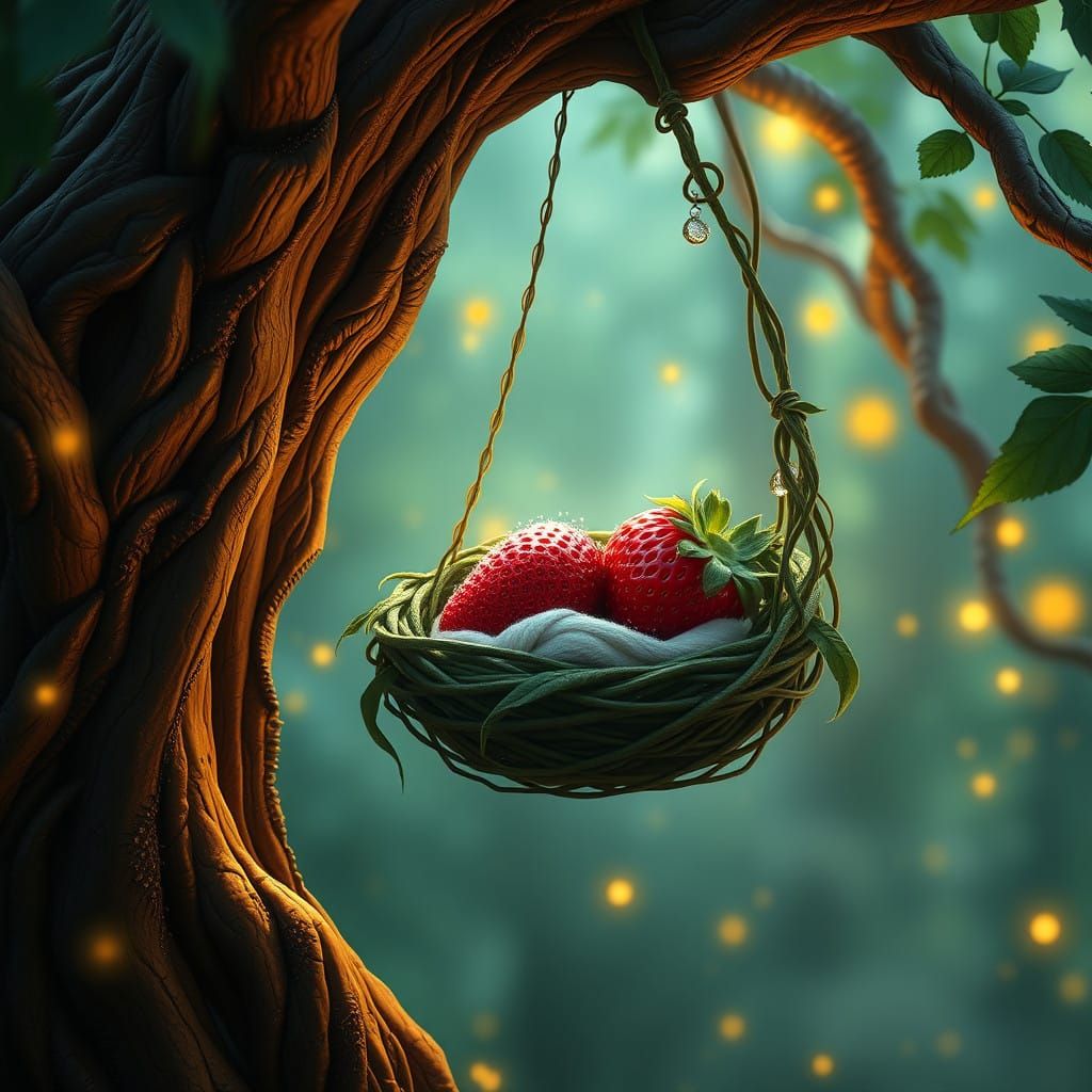 Dreamy Strawberry Nest in a Whimsical Wonder Forest