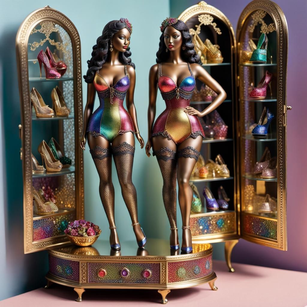 Rainbow Metallic Lingerie Statuettes in Pointillism Style